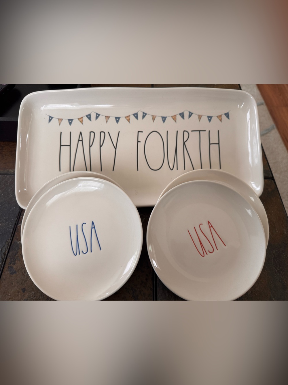 Rae Dunn 'Happy Fourth' Ceramic Serving Platter and USA Bowls Set